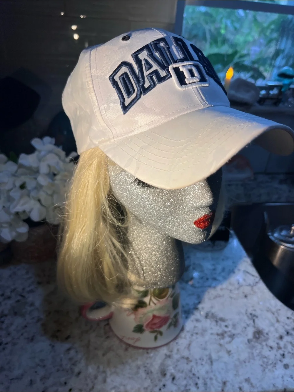 Embroidered White Dallas Cowboys Cap with Navy Logo EXCELLENT condition